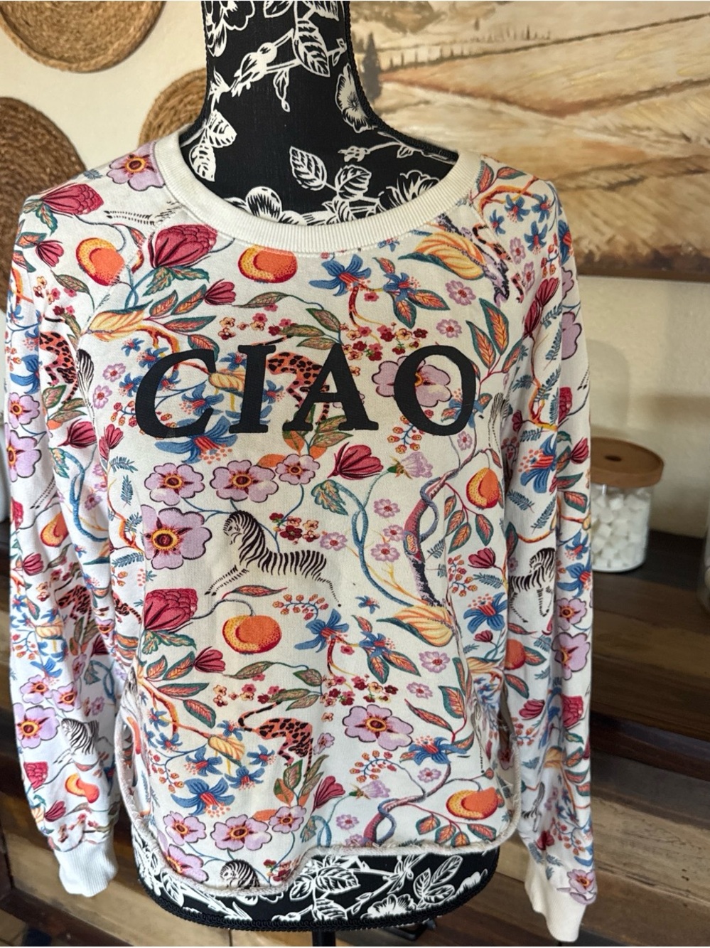 Anthropologie White Floral 'CIAO' Crewneck Sweater